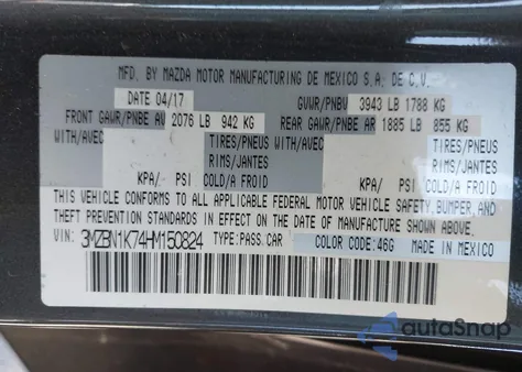 2017 Mazda Mazda3 Sport z USA, uszkodzony, nr VIN 3MZBN1K74HM150824